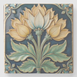 イエローとホワイト花模様ズストーンコースター ストーンコースター