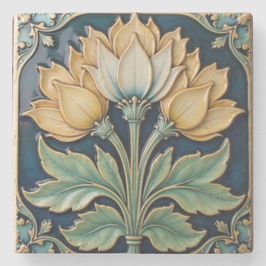 イエローとホワイト花模様ズストーンコースター ストーンコースター (正面)