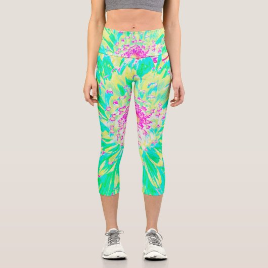 イエローとマゼンタの装飾用ダリア花 カプリレギンス (正面)