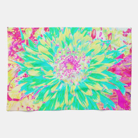 イエローとマゼンタの装飾用ダリア花 キッチンタオル (横)
