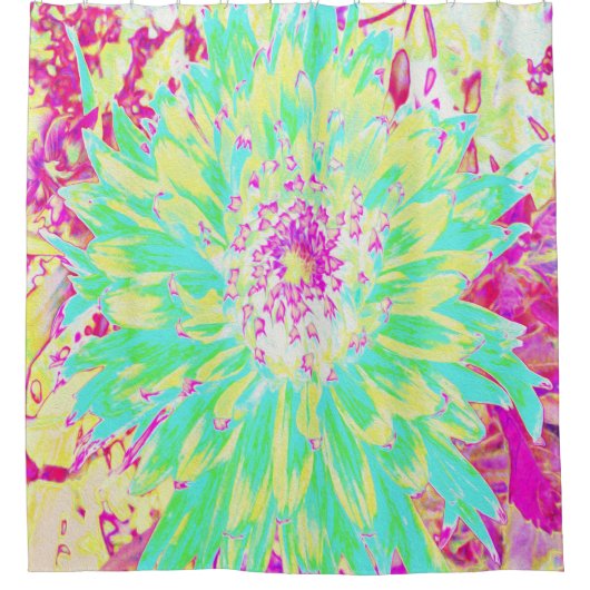 イエローとマゼンタの装飾用ダリア花 シャワーカーテン (正面)