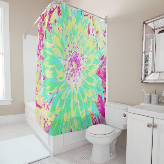 イエローとマゼンタの装飾用ダリア花 シャワーカーテン (インサイチュ)