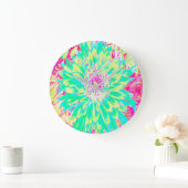 イエローとマゼンタの装飾用ダリア花 ラージ壁時計 (ホーム)