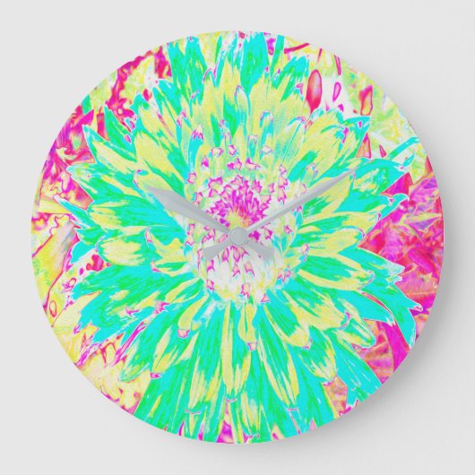 イエローとマゼンタの装飾用ダリア花 ラージ壁時計 (正面)