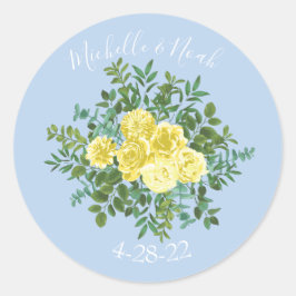 イエローとライトブルーのバラヴィンテージ春の結婚式 ラウンドシール