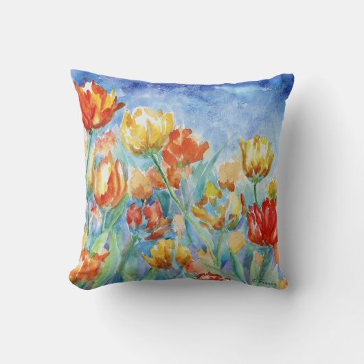 イエローとレッドチューリップ装飾用クッション クッション (正面)