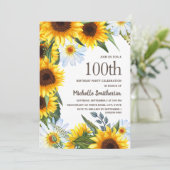 イエローのひまわりと白いデイジー 100歳の誕生日 招待状 (スタンド正面)