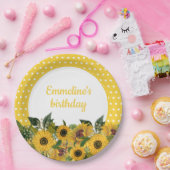 イエローのひまわりと白い水玉の誕生日パーティー ペーパープレート (パーティー)