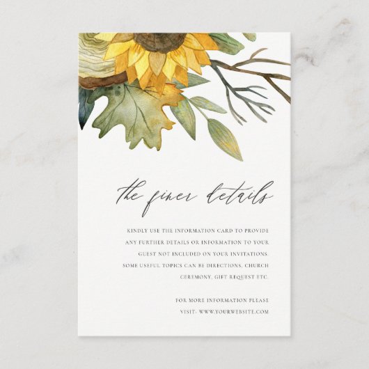 イエローのひまわり 水彩 花 モチーフ ウェディング ディテール エンクロージャーカード (正面)