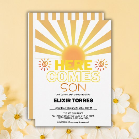 イエローのストライプ ここに息子がやってくる ベビーシャワー 招待状