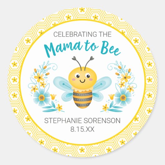 イエローのママ・トゥ・ビーと蜂の赤ちゃんのお祝い ラウンドシール (正面)