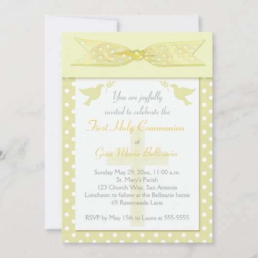 イエローのリボン　黄色の聖体拝領招待状 招待状 (正面)