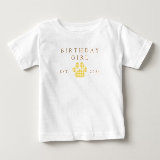 イエローの子供の誕生日ギンガムパウプリント誕生日 ベビーTシャツ (正面)