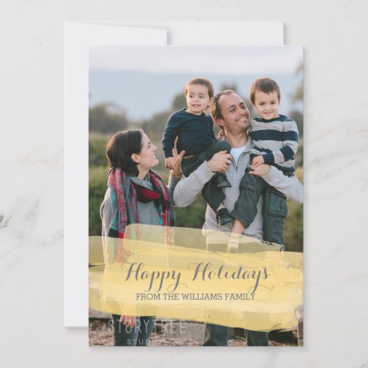 イエローの水彩筆致のホリデー フォト カード (正面)