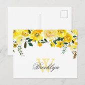 イエローの水彩花モノグラムの感謝カード ポストカード (正面/裏面)