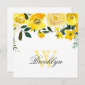 イエローの水彩花モノグラム感謝カード サンキューカード (正面/裏面)