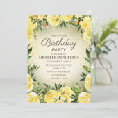 イエローの水彩花柄グリッター 大人誕生日 招待状 (スタンド正面)