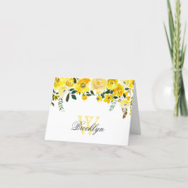 イエローの水彩花柄モノグラム便箋 サンキューカード