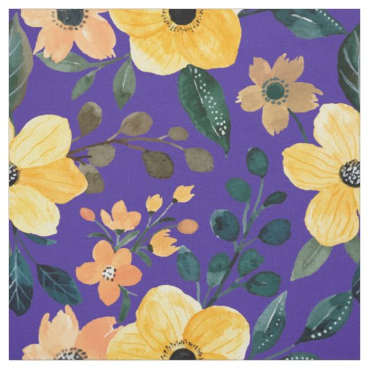 イエローの水彩花 青 紫の植物画 ファブリック (見本)