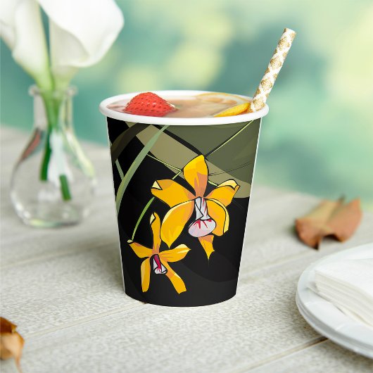 イエローの蘭の花のトロピカル・ボタニカル 紙コップ
