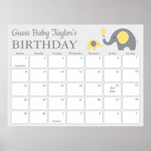 イエローの象の赤ちゃんの誕生日予測カレンダー ポスター (正面)