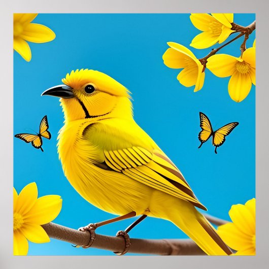 🐦 イエローの鳴き鳥と枝の壁掛けアートギフト 🎁 ポスター (正面)