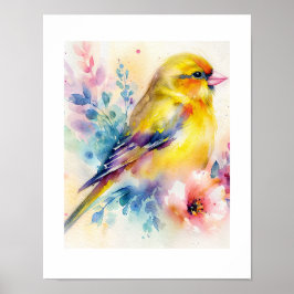 イエローの鳴き鳥の花の水彩ポスター ポスター