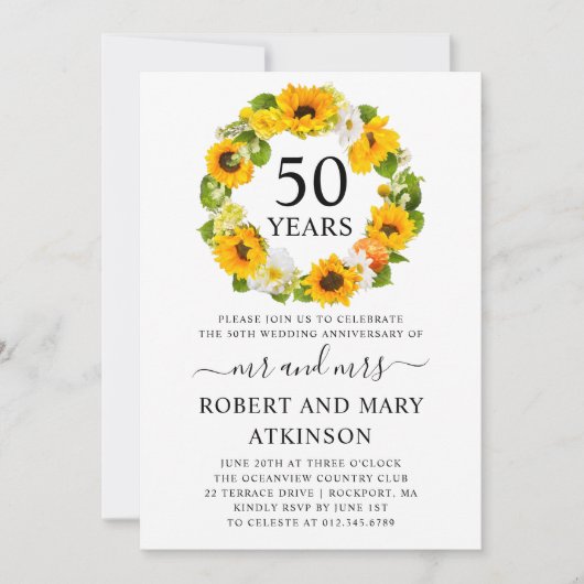 イエローひまわり フラワーデザイン 50周年 結婚記念日 招待状 (正面)