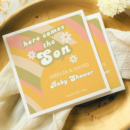 イエローよくはしゃぐレトロボーイシャワーデイジーパーティー スタンダードカクテルナプキン