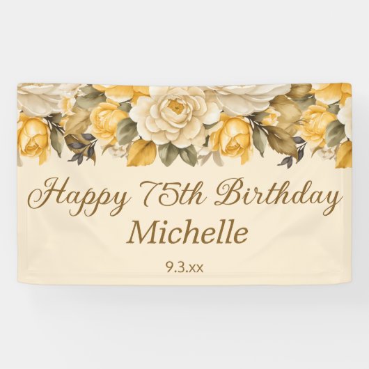 イエローアイボリークリームフローラハッピー75th誕生日 横断幕 (横)