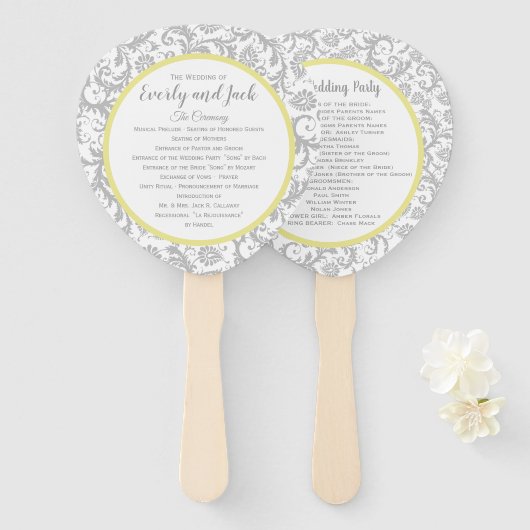 イエローアイリスとグレーダマスクの結婚式プログラム ハンドファン (正面&裏面)