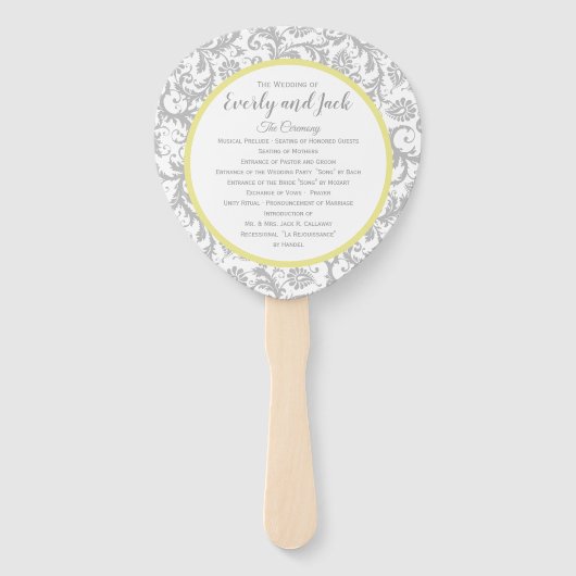 イエローアイリスとグレーダマスクの結婚式プログラム ハンドファン (正面)