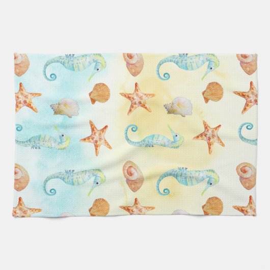 イエローアクアシーホースヒトデシェルズビーチ キッチンタオル (横)