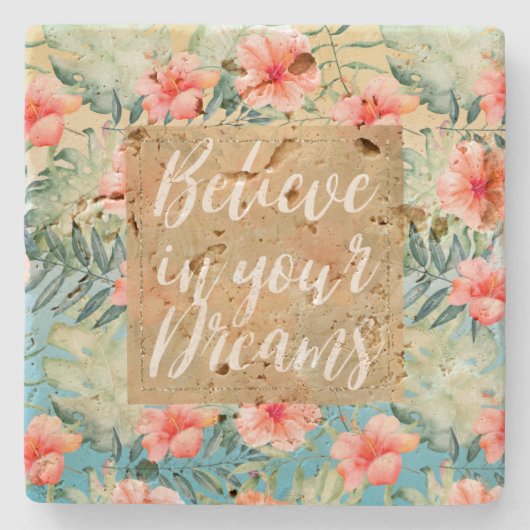 イエローアクアピンクピーチハイビスカスフローラ金ゴールド ストーンコースター (正面)