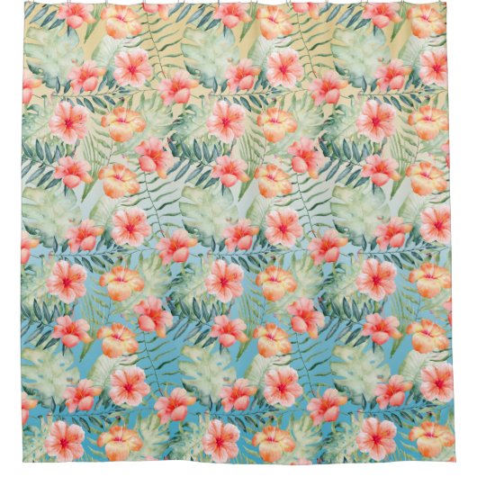  イエローアクアピンクピーチハイビスカスフローラ    シャワーカーテン (正面)