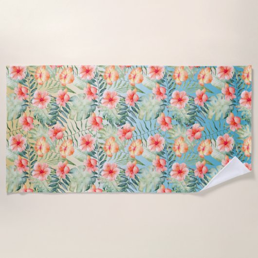 イエローアクアピンクピーチハイビスカスフローラ ビーチタオル (正面)