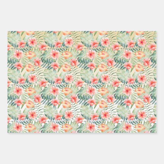 イエローアクアピンクピーチハイビスカスフローラ ラッピングペーパーシート (正面3)