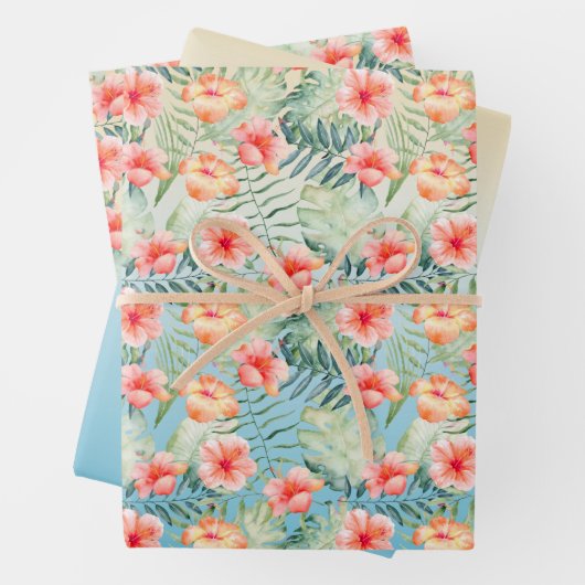 イエローアクアピンクピーチハイビスカスフローラ ラッピングペーパーシート (インサイチュ)