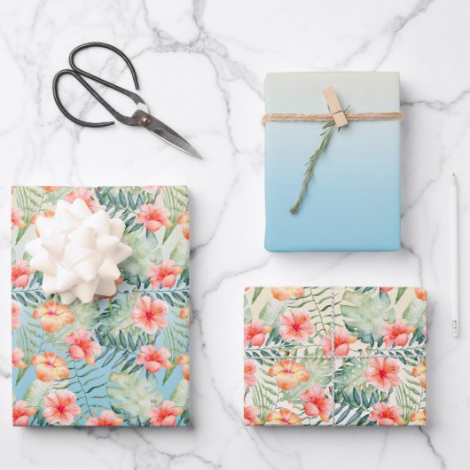 イエローアクアピンクピーチハイビスカスフローラ ラッピングペーパーシート (正面)