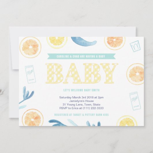 イエローアクア男女兼用シトラスベビーシャワー 招待状 (正面)