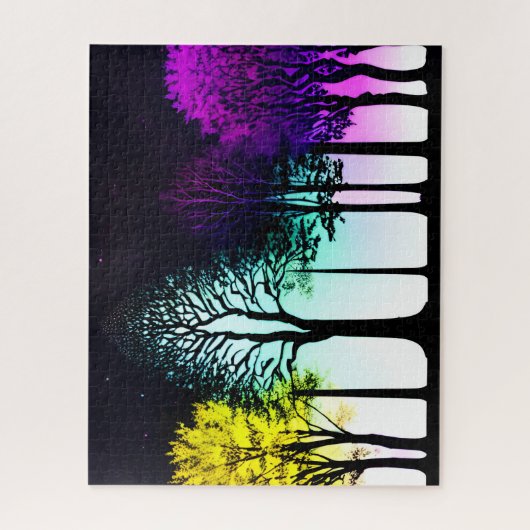 イエローアクア芸術的パープルフォレストシルエットアート ジグソーパズル (縦)