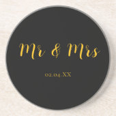 イエローアクセントのブラック Mr & Mrs オーダーメイド コースター (正面)