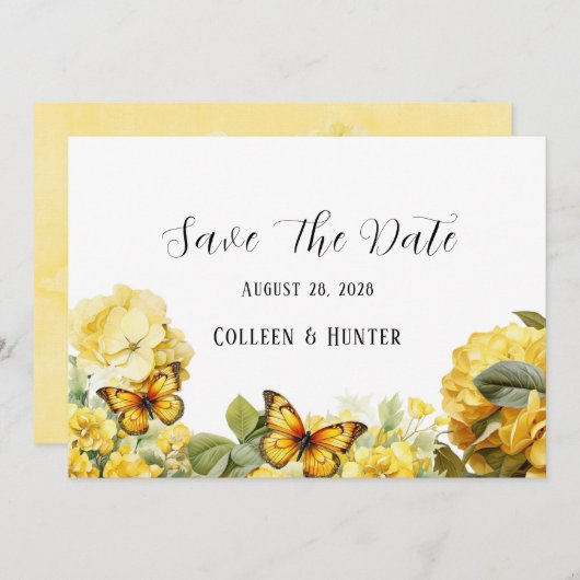 イエローアジサイ蝶は日付カードを保存 招待状 (正面/裏面)