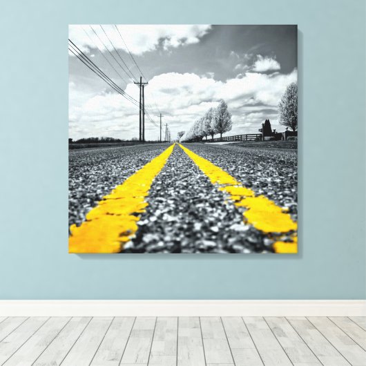 イエローアスファルトハイウェイロードクリエイティブ写真 キャンバスプリント (インサイチュ (ウッドフロア))