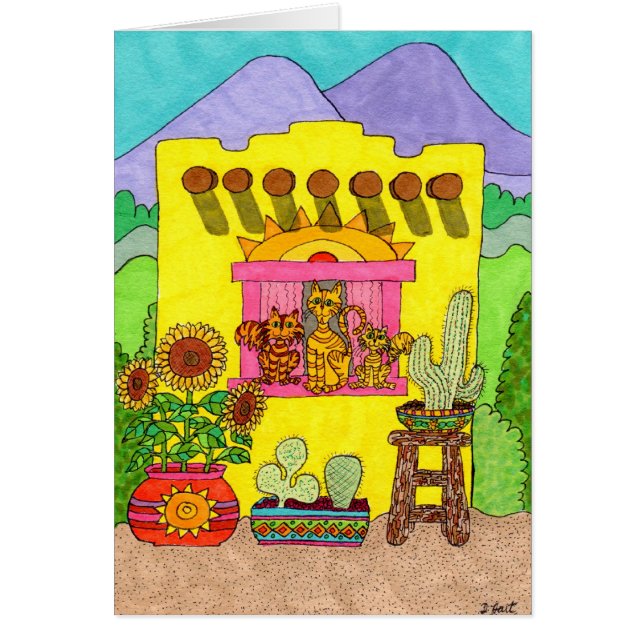 イエローアドビハウスに3匹の猫たち (正面)