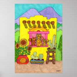 イエローアドビハウスに3匹の猫たち ポスター