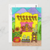 イエローアドビハウスに3匹の猫たち ポストカード (正面/裏面)