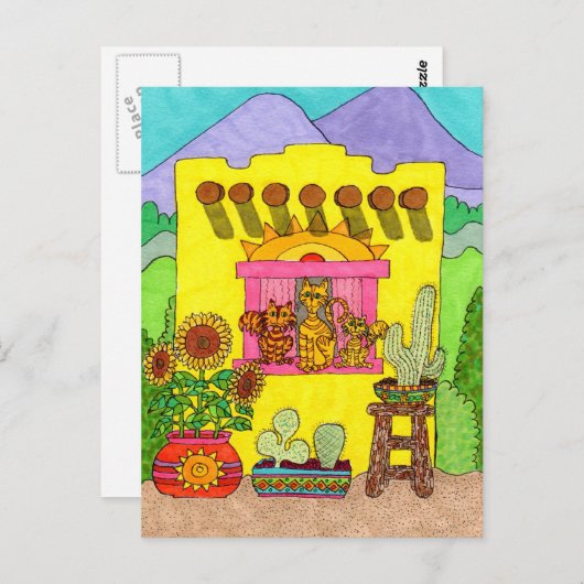 イエローアドビハウスに3匹の猫たち ポストカード (正面/裏面)