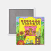 イエローアドビハウスに3匹の猫たち マグネット (正面/裏面)