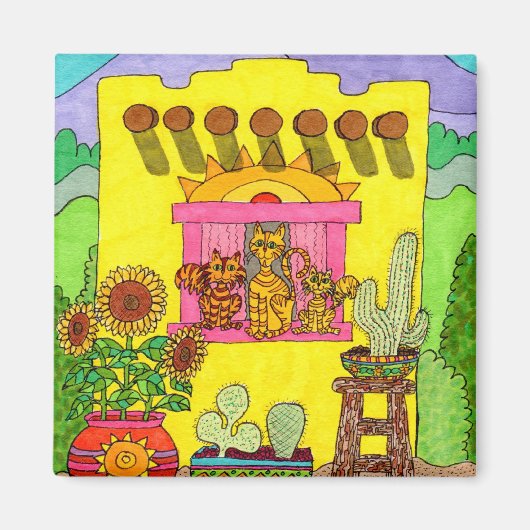 イエローアドビハウスに3匹の猫たち マグネット (正面)